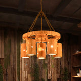 Brielle - Beige Etched Cylinder Hanging Chandelier Farmhouse Bamboo 6 Lights Restaurant Suspension