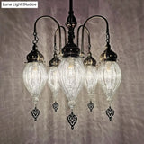 Bronze 5-Head Chandelier: Traditional Ribbed Glass Teardrop Ceiling Light With White Finish