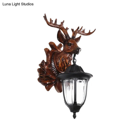 Bronze/Brown Elk Head Wall Mounted Light - Farmhouse Resin Sconce With Glass Shade