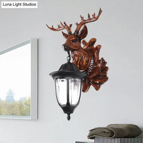 Bronze/Brown Elk Head Wall Mounted Light - Farmhouse Resin Sconce With Glass Shade