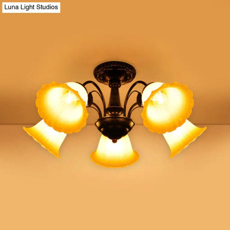 Bronze Countryside Blossom Ceiling Mount Light Fixture With Frosted Glass For Bedroom - 3/5 Lights
