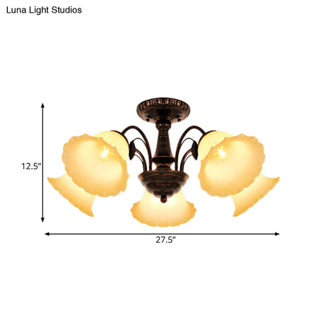 Bronze Countryside Blossom Ceiling Mount Light Fixture With Frosted Glass For Bedroom - 3/5 Lights