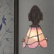 Bronze Flower Patterned Wall Mount Lamp - Pink Cut Glass Trapezoid Lighting For Dining Room