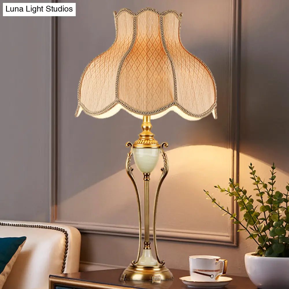 Bronze Font Night Light Table Lamp With Scalloped Lampshade - Traditional Design