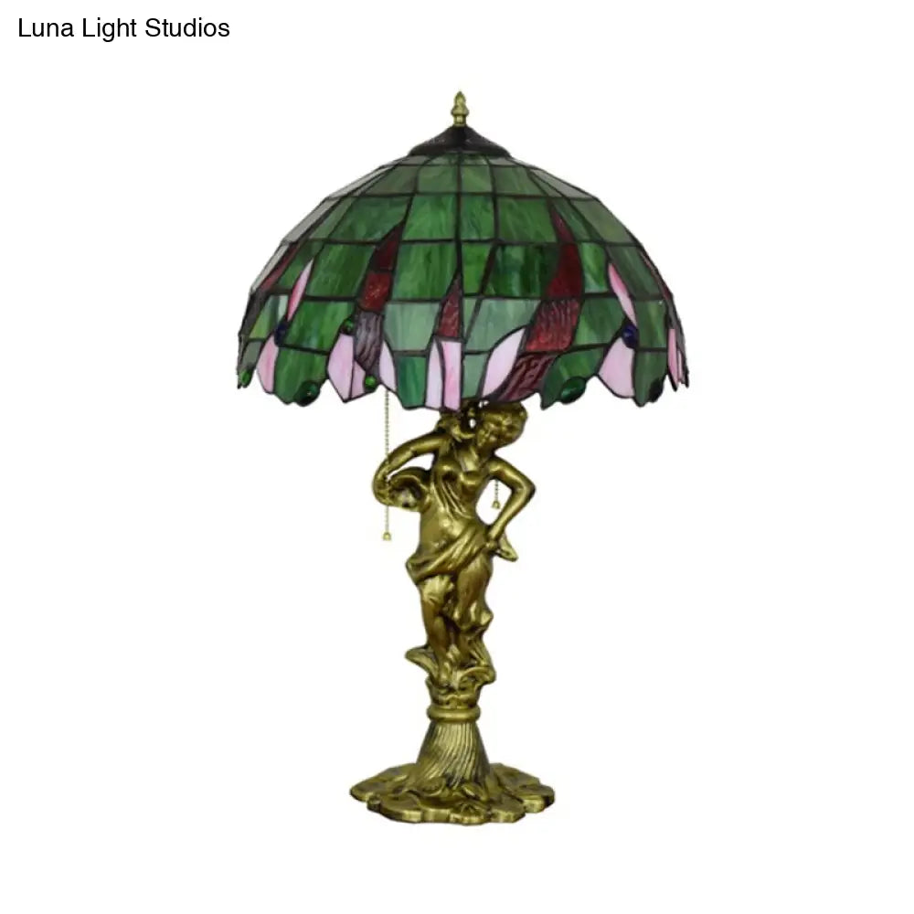 Bronze Lady Table Light: Tiffany Resin Night Lamp With Jewel-Embellished Shade