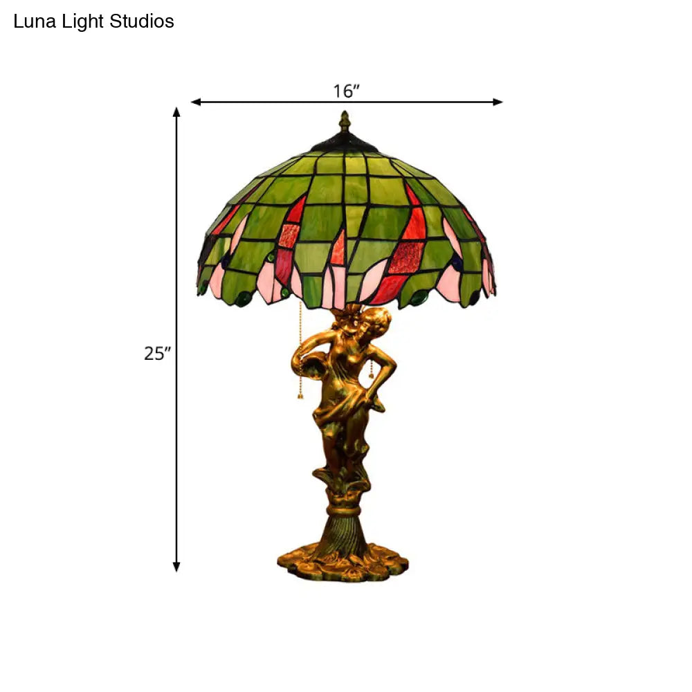 Bronze Lady Table Light: Tiffany Resin Night Lamp With Jewel-Embellished Shade