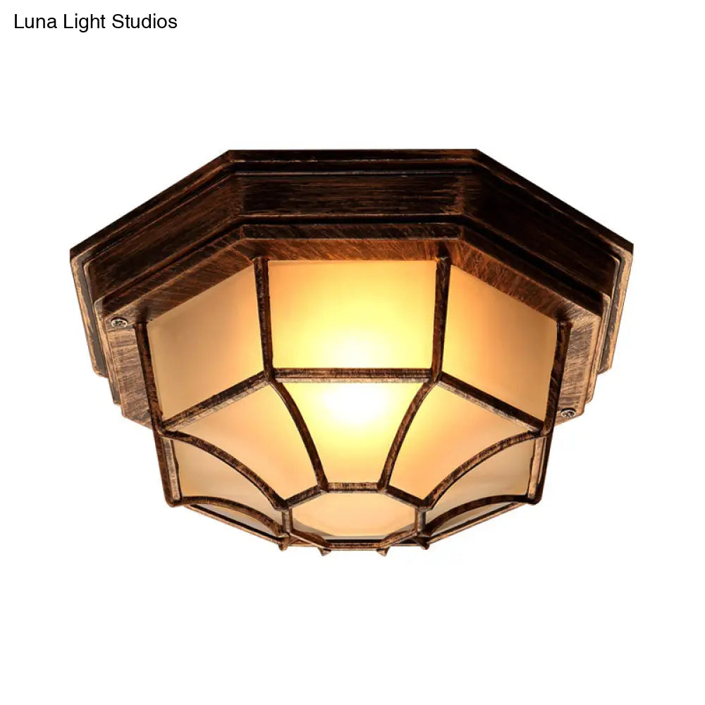 Bronze Lodge Flush Mount Ceiling Light With Frosted Glass & Cage - 1 Octagonal Fixture