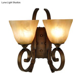 Bronze Scrolling Arm Wall Lamp With Frosted Glass - Traditional Bell Sconce Lighting Dual Bulb Mount