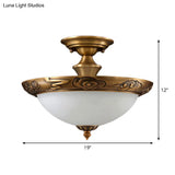 Bronze Semi Flush Led Ceiling Light With Milk Glass Bowl And Carved Edge