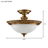 Bronze Semi Flush Led Ceiling Light With Milk Glass Bowl And Carved Edge