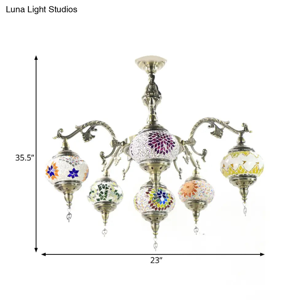 Bronze Stained Glass Chandelier: Oval 6-Head Traditional Suspension Light