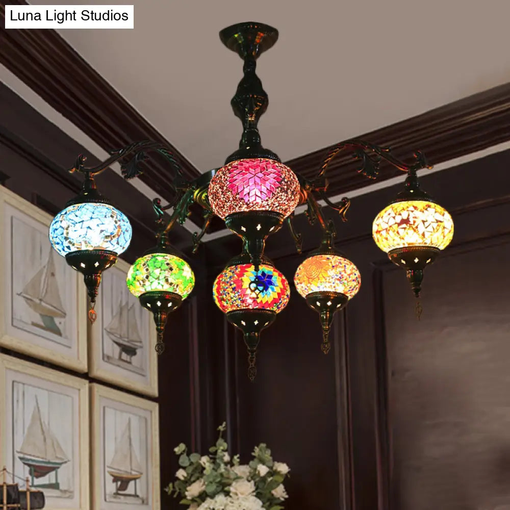 Bronze Stained Glass Chandelier: Oval 6-Head Traditional Suspension Light