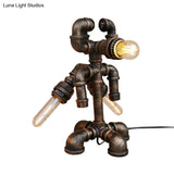 Bronze Steampunk Exposed Bulb Table Light With Pipe-Like Base - 1 Head Wrought Iron Standing Lamp