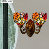 Bronze Tiffany Rose Stained Glass Wall Sconce With Bowl Shade - 2-Light Lamp