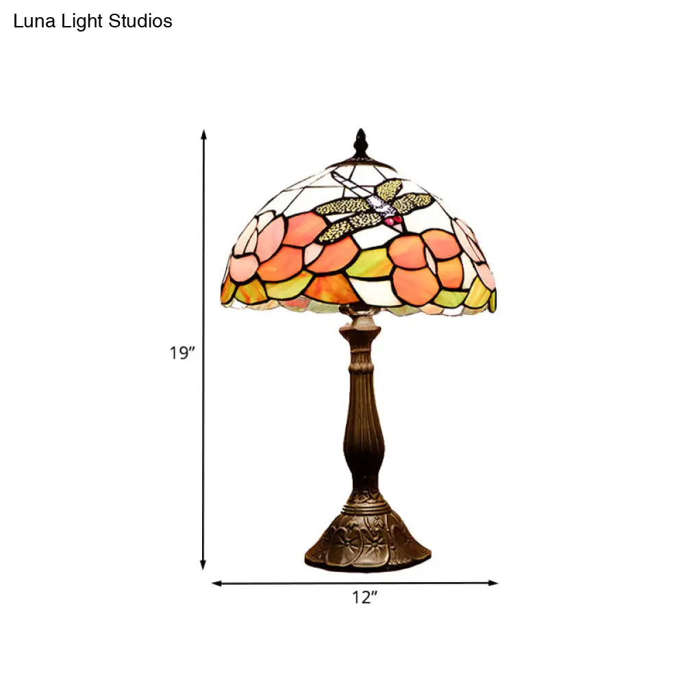 Bronze Tiffany Stained Art Glass Dome Table Night Light - Flower & Dragonfly Patterned 1-Light