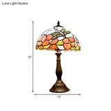 Bronze Tiffany Stained Art Glass Dome Table Night Light - Flower & Dragonfly Patterned 1-Light