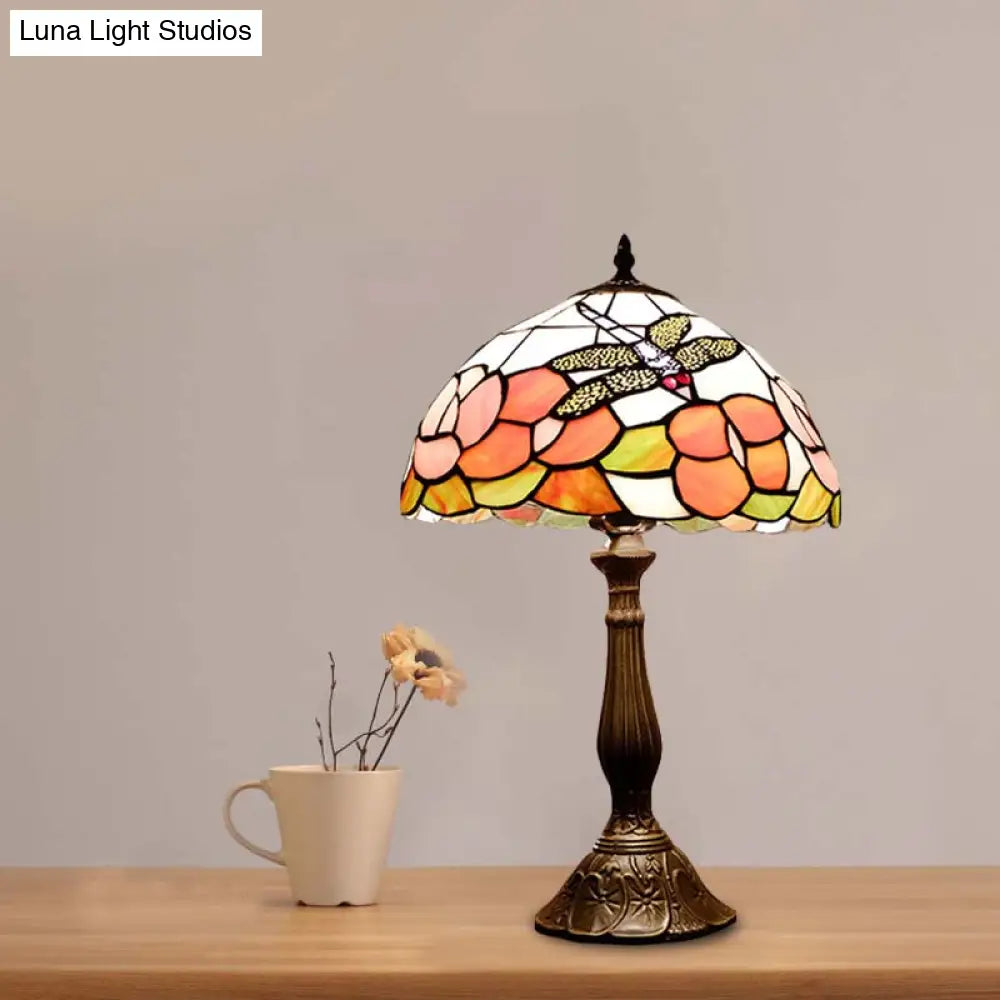 Bronze Tiffany Stained Art Glass Dome Table Night Light - Flower & Dragonfly Patterned 1-Light