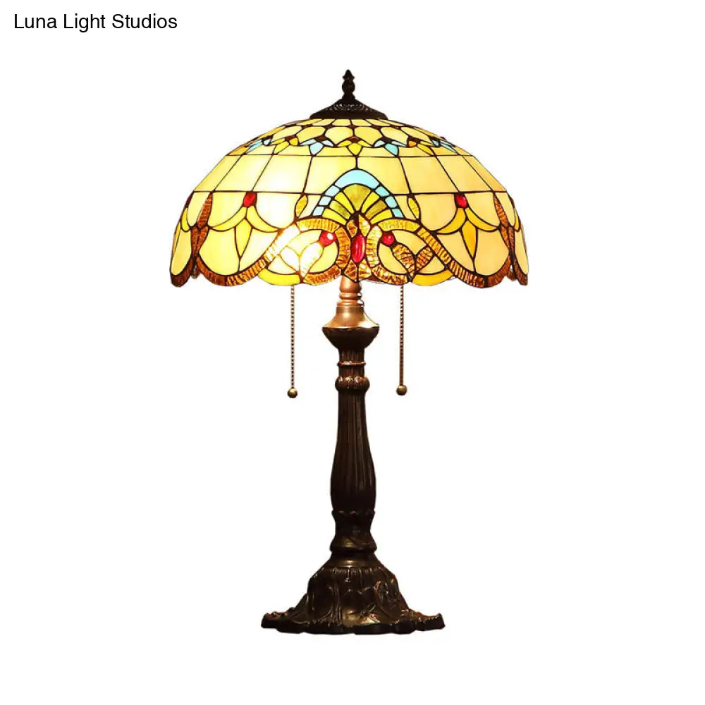 Bronze Tiffany Stained Glass Table Lamp With 2 Grain Pattern Heads And Pull Chain Switch