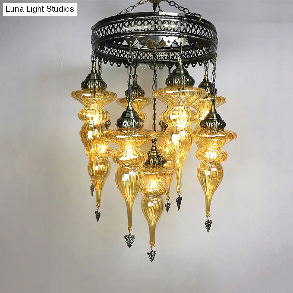 Bronze Traditional Curved Chandelier With Colorful Glass - 9 Bulb Suspension Light