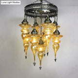 Bronze Traditional Curved Chandelier With Colorful Glass - 9 Bulb Suspension Light