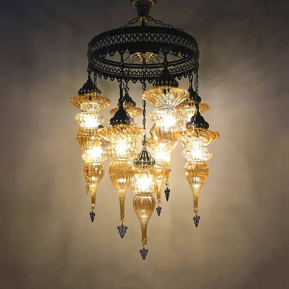 Bronze Traditional Curved Chandelier With Colorful Glass - 9 Bulb Suspension Light
