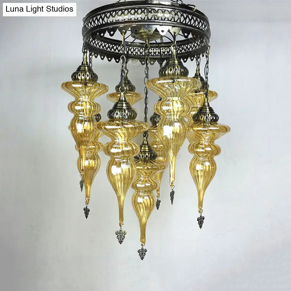 Bronze Traditional Curved Chandelier With Colorful Glass - 9 Bulb Suspension Light