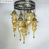 Bronze Traditional Curved Chandelier With Colorful Glass - 9 Bulb Suspension Light