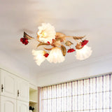 Brown 4/7/9 - Bulb Semi Flush Mount Pastoral Frosted Glass Ceiling Light With Red Flower Design 4 /