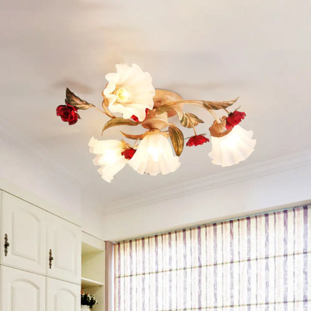Brown 4/7/9 - Bulb Semi Flush Mount Pastoral Frosted Glass Ceiling Light With Red Flower Design 4 /
