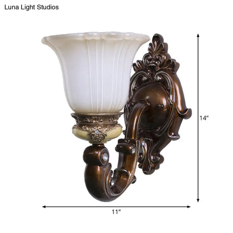 Brown Antiqued Invert Bell Single Light Wall Sconce With Cream Fluted Glass