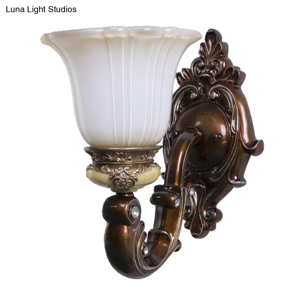 Brown Antiqued Invert Bell Single Light Wall Sconce With Cream Fluted Glass
