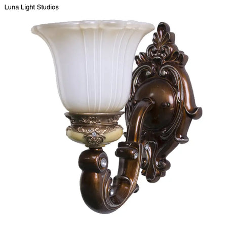 Brown Antiqued Invert Bell Single Light Wall Sconce With Cream Fluted Glass