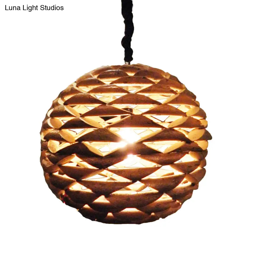 Brown Asian Wooden Pendant Light With Spherical Design And 1 Bulb 12/14 Width