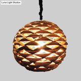 Brown Asian Wooden Pendant Light With Spherical Design And 1 Bulb 12/14 Width
