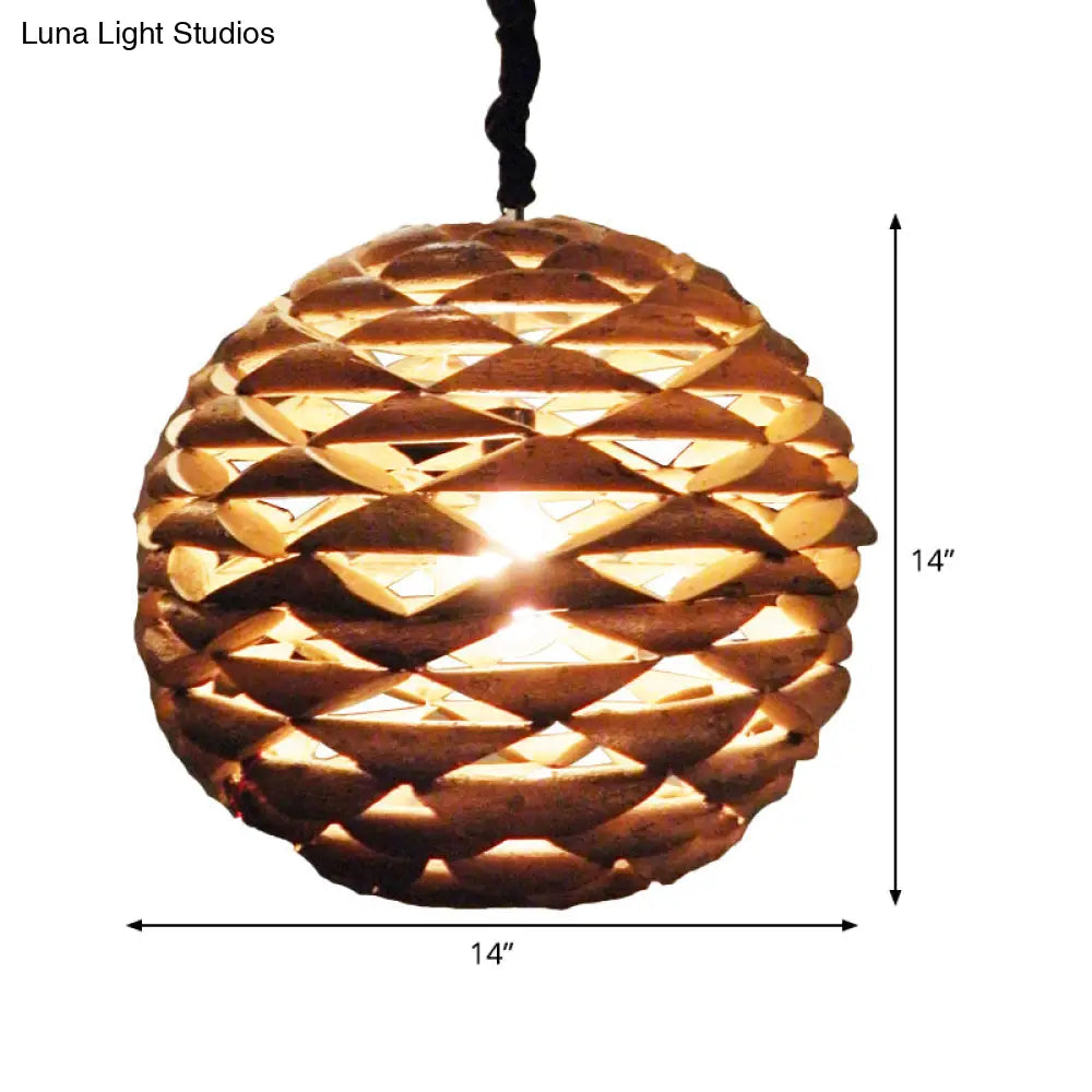 Brown Asian Wooden Pendant Light With Spherical Design And 1 Bulb 12/14 Width