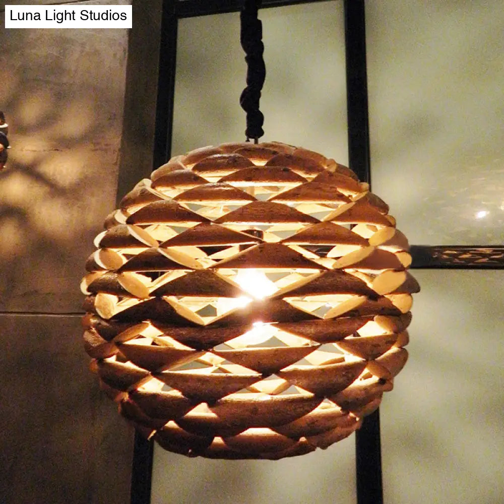 Brown Asian Wooden Pendant Light With Spherical Design And 1 Bulb 12/14 Width
