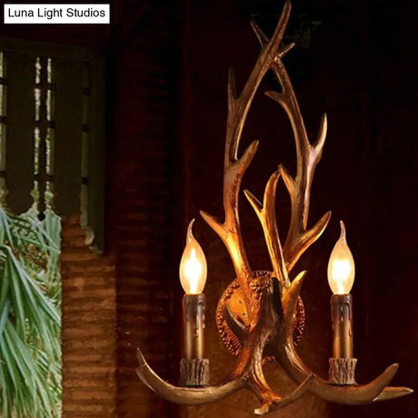 Brown Deer Horn Wall Light With Resin Heads And Candle Decor Perfect For Restaurants