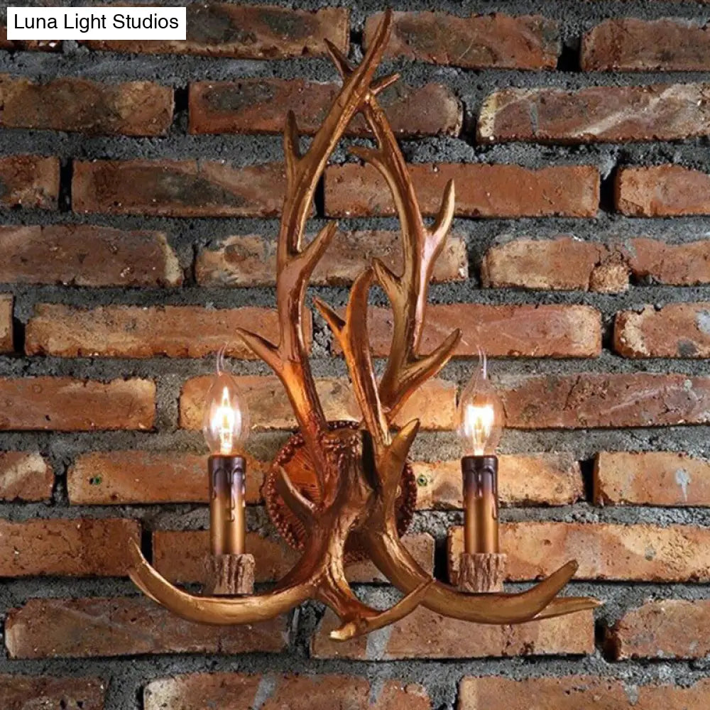 Brown Deer Horn Wall Light With Resin Heads And Candle Decor Perfect For Restaurants