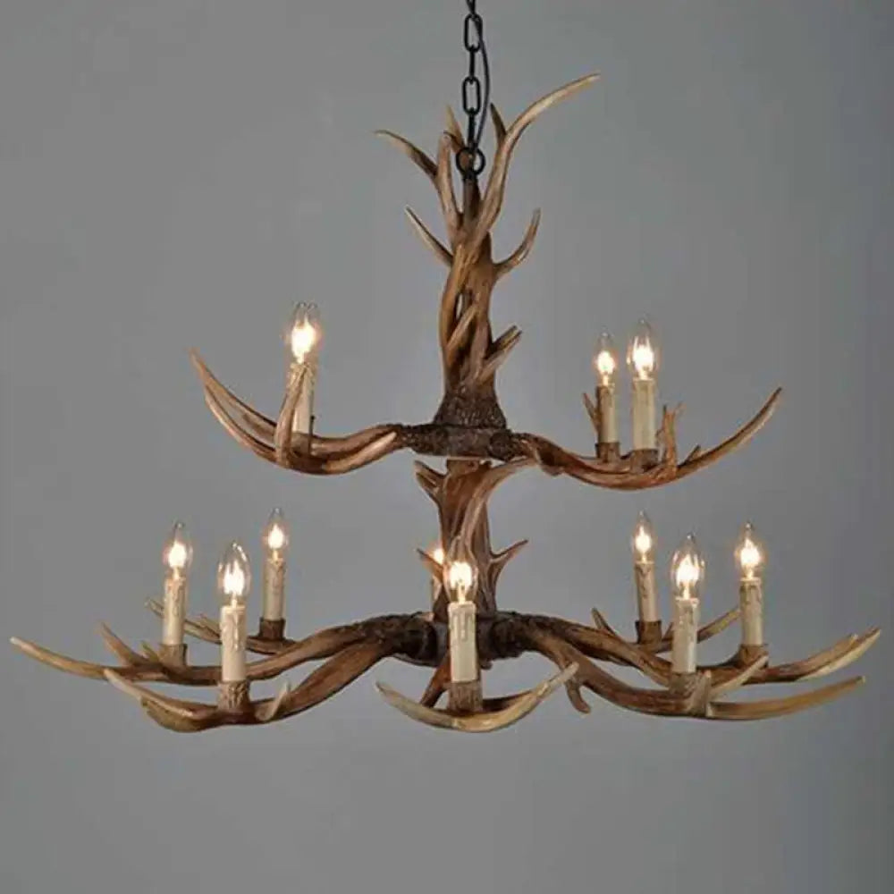 Brown Resin Chandelier Light Fixture - Traditional Antler Ceiling Lighting For Living Room 12 /
