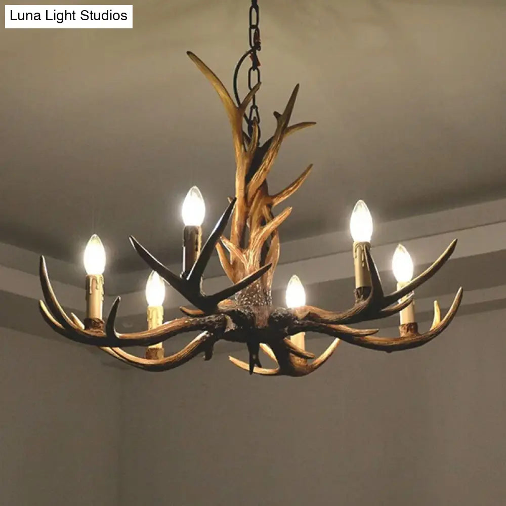 Brown Resin Chandelier Light Fixture - Traditional Antler Ceiling Lighting For Living Room