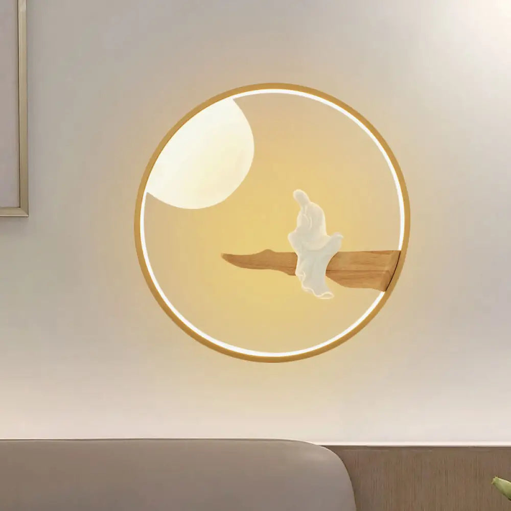 Buddha Wooden Mural Led Wall Lamp In Black/Beige For Bedside Wood
