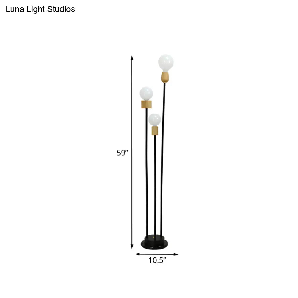 Bulb Floor Lamp - Minimalist Metallic 3-Head Stand Up Light For Study Room Black