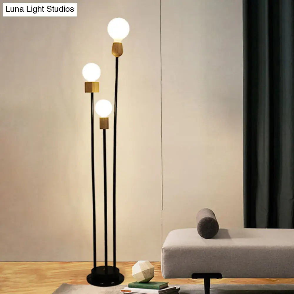 Bulb Floor Lamp - Minimalist Metallic 3-Head Stand Up Light For Study Room Black
