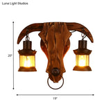 Bull Shaped Sconce Wall Lamp - Retro Style With 2 Bulbs Wood And Metal Lantern Shade
