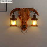 Bull Shaped Sconce Wall Lamp - Retro Style With 2 Bulbs Wood And Metal Lantern Shade