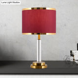 Burgundy/Beige Crystal Table Lamp With Traditional Fabric Shade - Elegant Circular Design