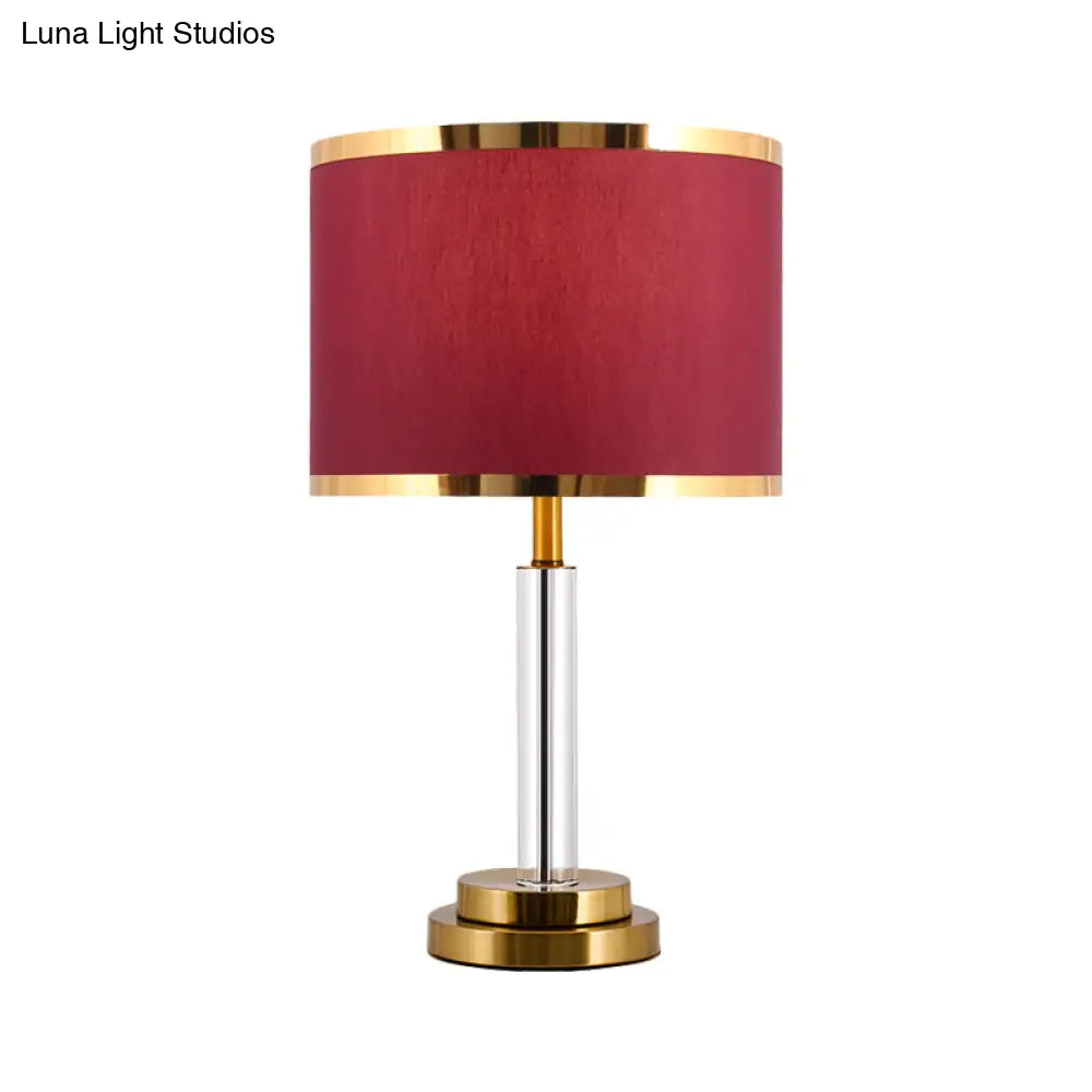 Burgundy/Beige Crystal Table Lamp With Traditional Fabric Shade - Elegant Circular Design