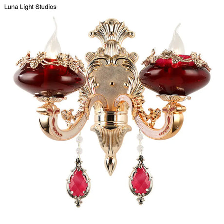 Burgundy Glass Sconce Lighting Fixture With Retro Flameless Candle Design For Dining Room