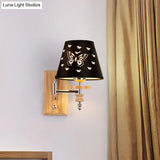 Butterfly-Patterned Wooden Wall Mounted Sconce With Black Barrel Fabric And 1/2 Kid-Friendly Lights