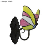 Butterfly Stained Glass Wall Lamp: Art Deco Bedroom Lighting In Yellow And Pink/Blue